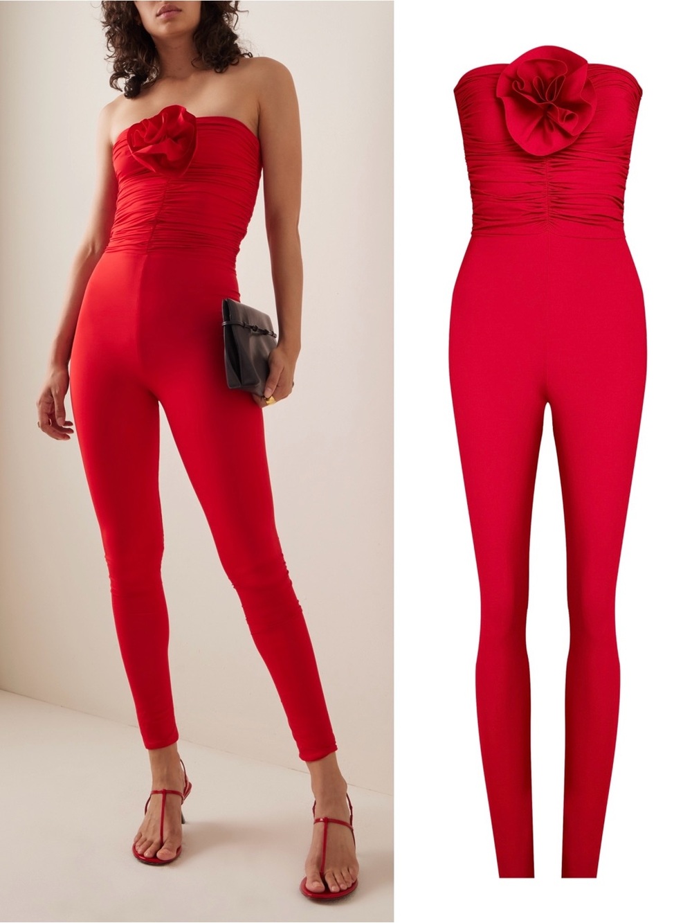 Maygel Coronel Matuna Rosette Ruched Strapless Jumpsuit In Red